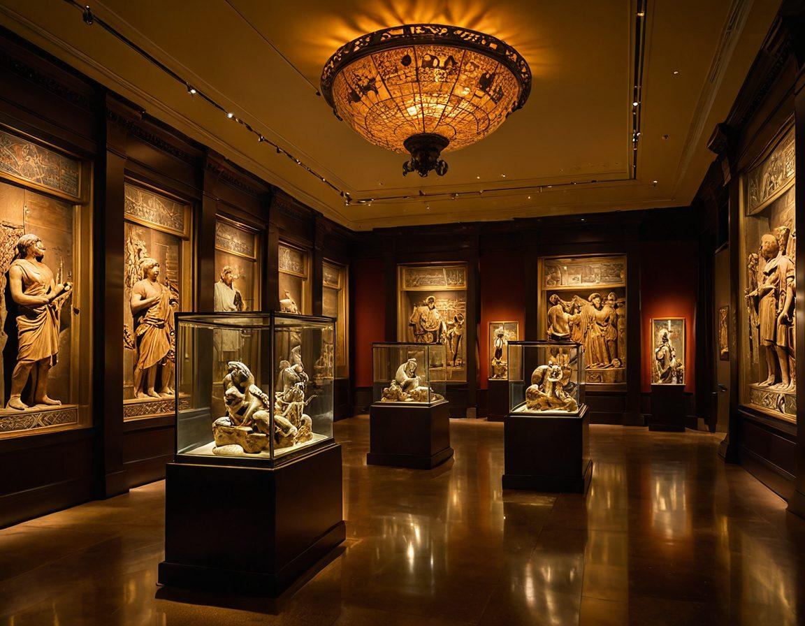 A majestic museum interior with ancient artifacts displayed in glass cases, bathed in warm golden light. Visitors of diverse backgrounds are engaging with the exhibits, examining sculptures and paintings, while a large mural depicting a vibrant cultural tapestry adorns the wall. The atmosphere is rich with history and curiosity. super-realistic. vibrant colors. atmospheric lighting.