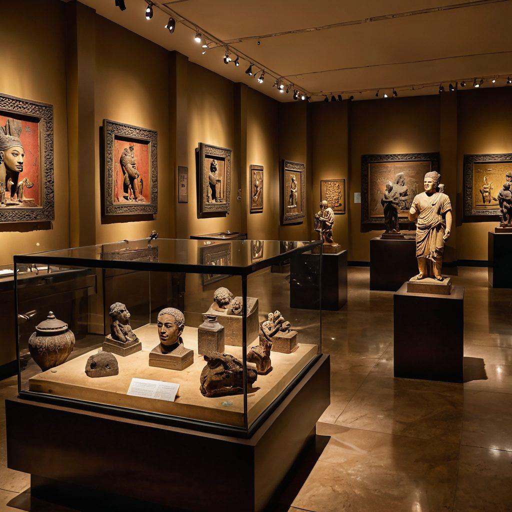 A captivating museum interior showcasing a diverse collection of artifacts from various cultures, illuminated by soft, warm lighting that highlights their intricate details. Visitors of different backgrounds are engaging with exhibits, immersed in learning. A large glass case in the foreground displays a striking ancient sculpture. Rich textures and colors create an inviting atmosphere. super-realistic. warm tones. vibrant details.